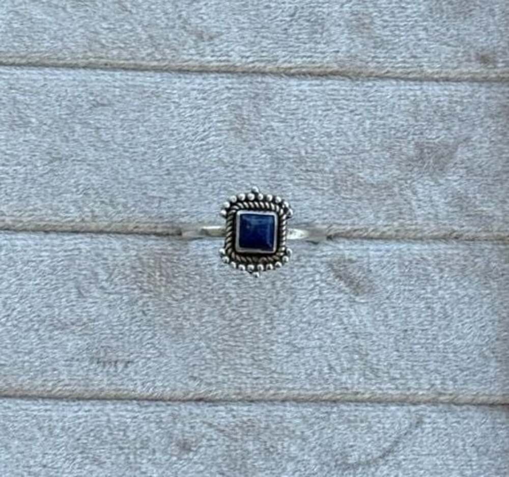 .925 Sterling Silver Square Lapis Lazuli Beaded Artisan Handmade Ring